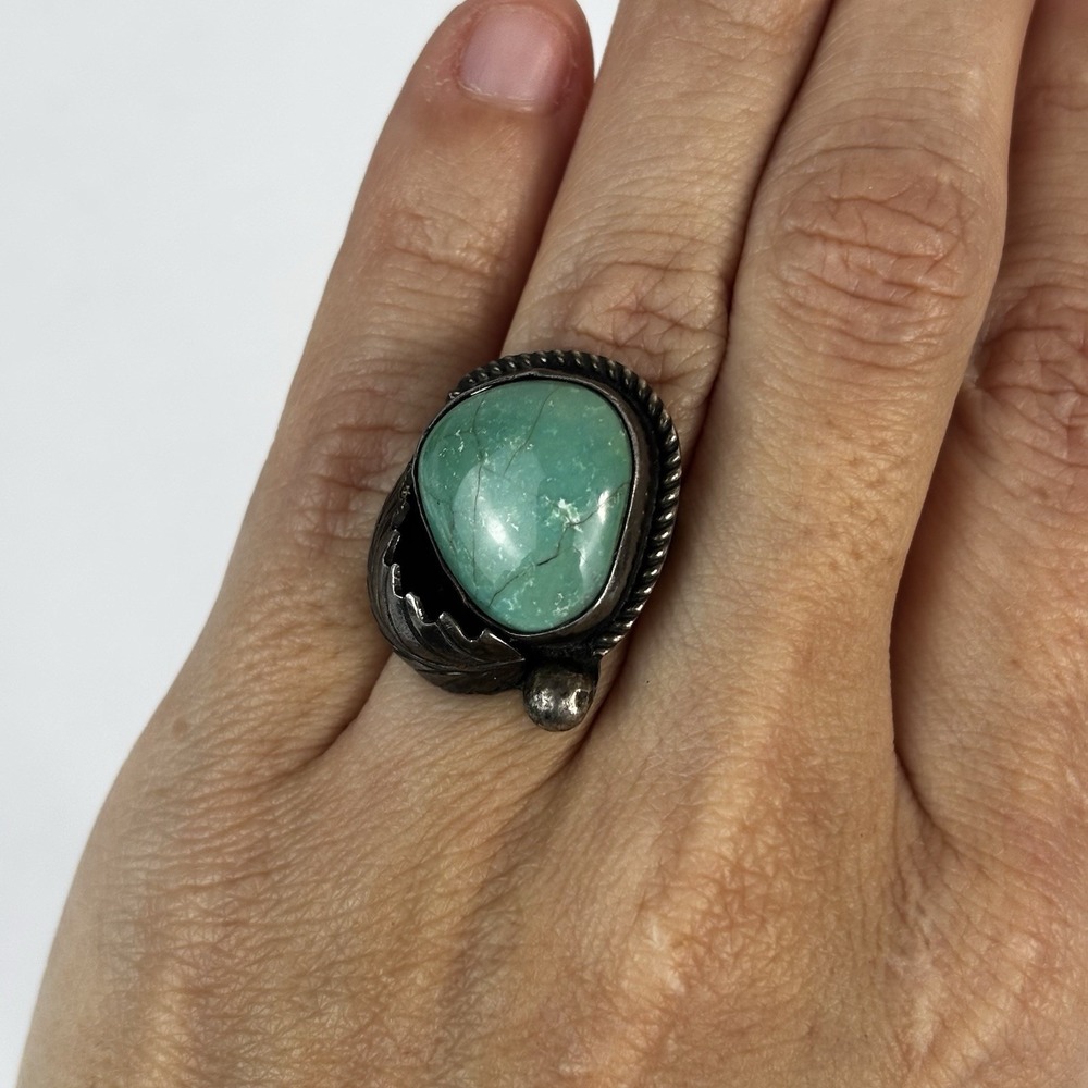 Vintage Native American Sterling Silver Green Webbed Turquoise Ring Size 6.5